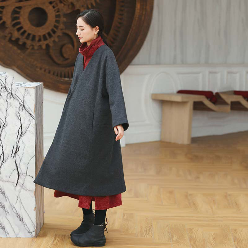 Damen schwarze Mäntel trendige Plus Size V-Ausschnitt Outwear Vintage Baggy Pockets Wolljacken