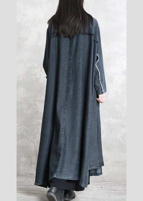 Schwarzer Wintermantel für Damen, übergroß, mit eingekerbten Taschen, elegant, langärmliger Denim-Patchwork-Langmantel