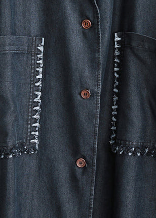 Schwarzer Wintermantel für Damen, übergroß, mit eingekerbten Taschen, elegant, langärmliger Denim-Patchwork-Langmantel