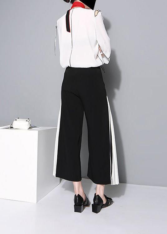 women black chiffon patchwork pants loose casual wide leg pants - SooLinen