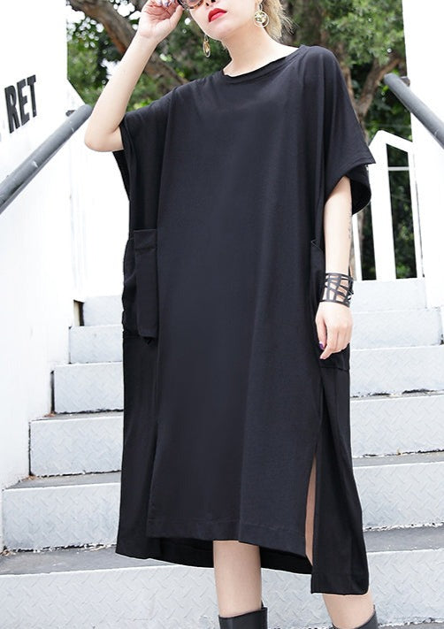 Schwarzes Baumwollkleid für Damen in Übergröße, große Taschen, Baumwollkleid, elegante seitlich offene Kaftane