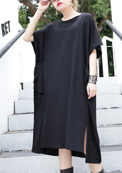 Schwarzes Baumwollkleid für Damen in Übergröße, große Taschen, Baumwollkleid, elegante seitlich offene Kaftane
