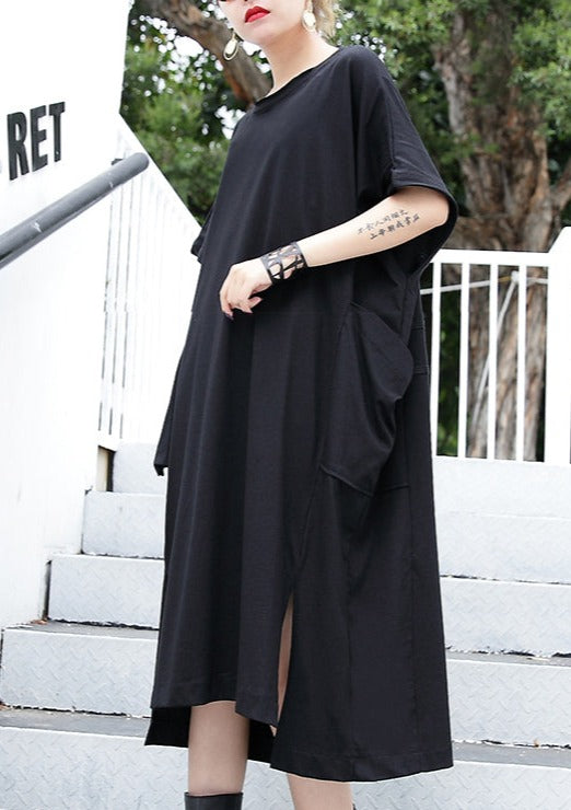 Schwarzes Baumwollkleid für Damen in Übergröße, große Taschen, Baumwollkleid, elegante seitlich offene Kaftane