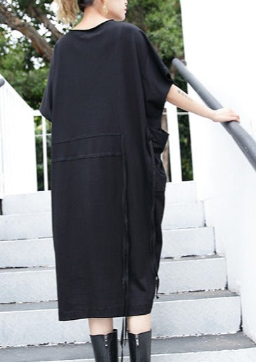 Schwarzes Baumwollkleid für Damen in Übergröße, große Taschen, Baumwollkleid, elegante seitlich offene Kaftane
