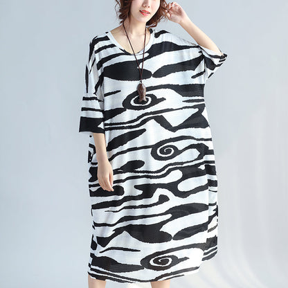 Schwarzes Kniekleid aus Baumwolle für Damen, trendiges Freizeitkleid in Übergröße, neue kurzärmelige, asymmetrische, gestreifte Baumwollkleider