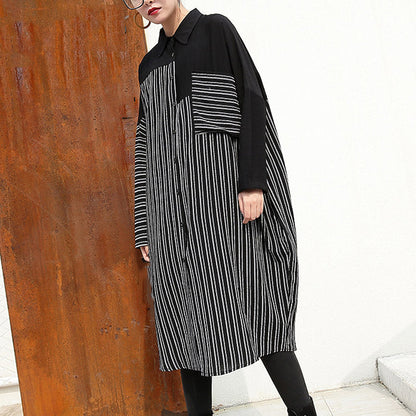 Schwarze Leinenkleider für Frauen Locker sitzende Leinenkleidung Kleider feine Patchwork gestreifte Baumwollkleidung