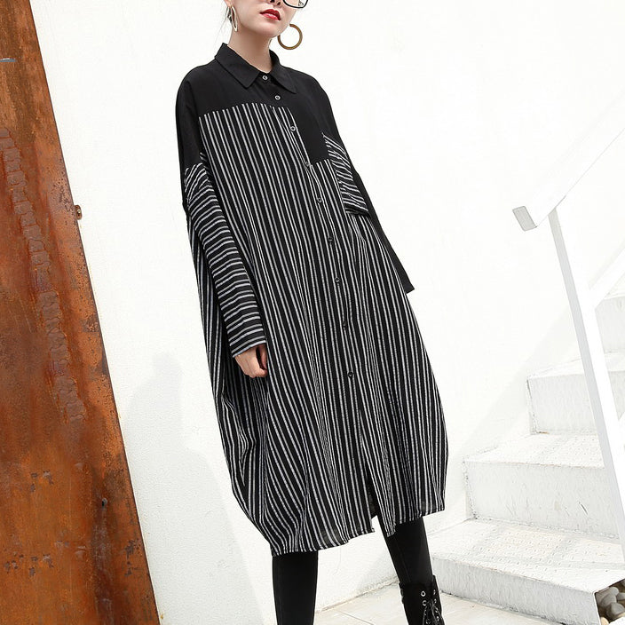 Schwarze Leinenkleider für Frauen Locker sitzende Leinenkleidung Kleider feine Patchwork gestreifte Baumwollkleidung