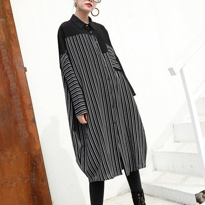 Schwarze Leinenkleider für Frauen Locker sitzende Leinenkleidung Kleider feine Patchwork gestreifte Baumwollkleidung