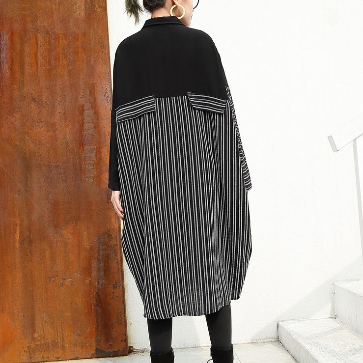 Schwarze Leinenkleider für Frauen Locker sitzende Leinenkleidung Kleider feine Patchwork gestreifte Baumwollkleidung