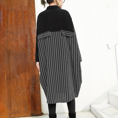 Schwarze Leinenkleider für Frauen Locker sitzende Leinenkleidung Kleider feine Patchwork gestreifte Baumwollkleidung