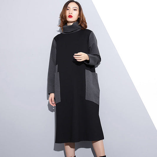 Frauen schwarz oversize reisen kleidung patchwork vintage high neck seite offene kleidung kleid