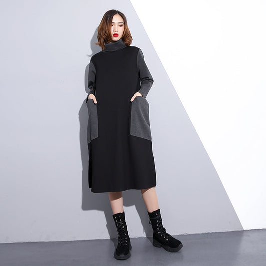 Frauen schwarz oversize reisen kleidung patchwork vintage high neck seite offene kleidung kleid
