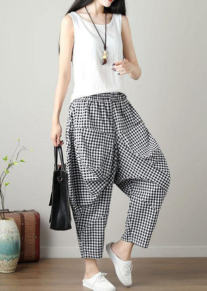 women black plaid casual cotton pants plus size big pockets crop pants - SooLinen