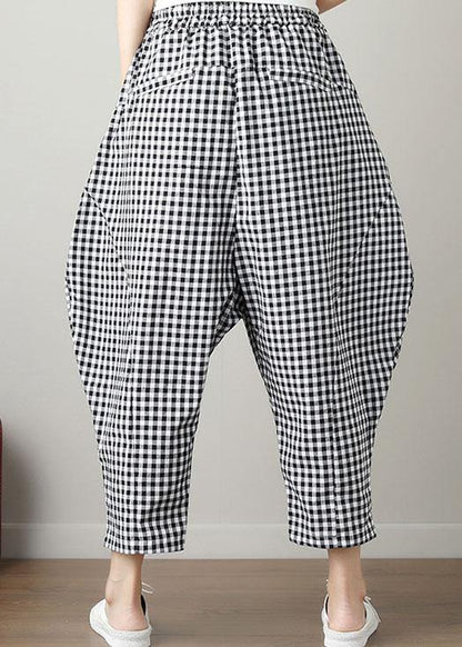 women black plaid casual cotton pants plus size big pockets crop pants - SooLinen