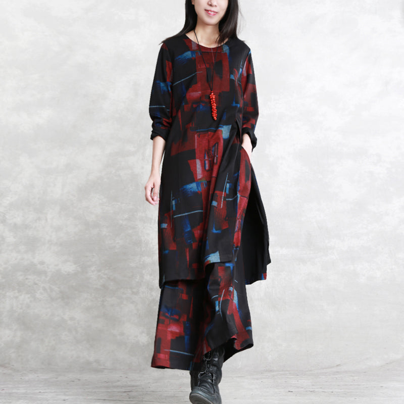 Frauen schwarz rot druck reine baumwolle gemischt zwei picese plus größe Neue langarm asymmetrische design o neck und baggy hosen
