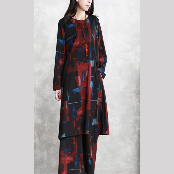 Frauen schwarz rot druck reine baumwolle gemischt zwei picese plus größe Neue langarm asymmetrische design o neck und baggy hosen