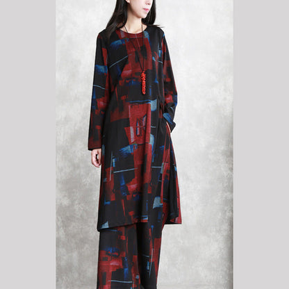 Frauen schwarz rot druck reine baumwolle gemischt zwei picese plus größe Neue langarm asymmetrische design o neck und baggy hosen