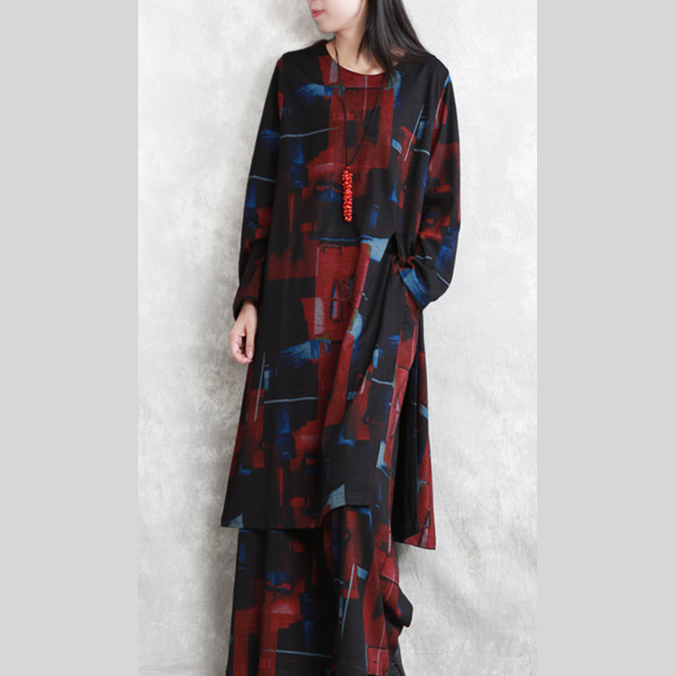 Frauen schwarz rot druck reine baumwolle gemischt zwei picese plus größe Neue langarm asymmetrische design o neck und baggy hosen