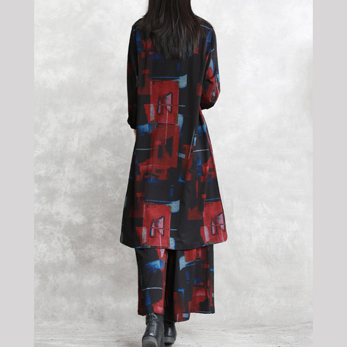 Frauen schwarz rot druck reine baumwolle gemischt zwei picese plus größe Neue langarm asymmetrische design o neck und baggy hosen