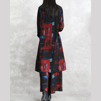 Frauen schwarz rot druck reine baumwolle gemischt zwei picese plus größe Neue langarm asymmetrische design o neck und baggy hosen