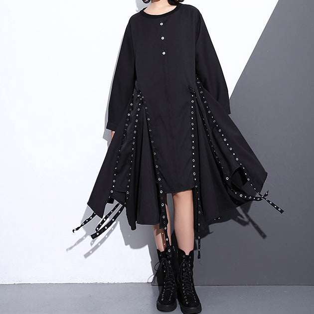 Damen Maxikleid aus schwarzer Seide und Baumwolle in Übergröße mit O-Ausschnitt, Baggy-Kleid aus Seide und Baumwolle, Boutique-Kleid mit asymmetrischem Design, Herbstkleid