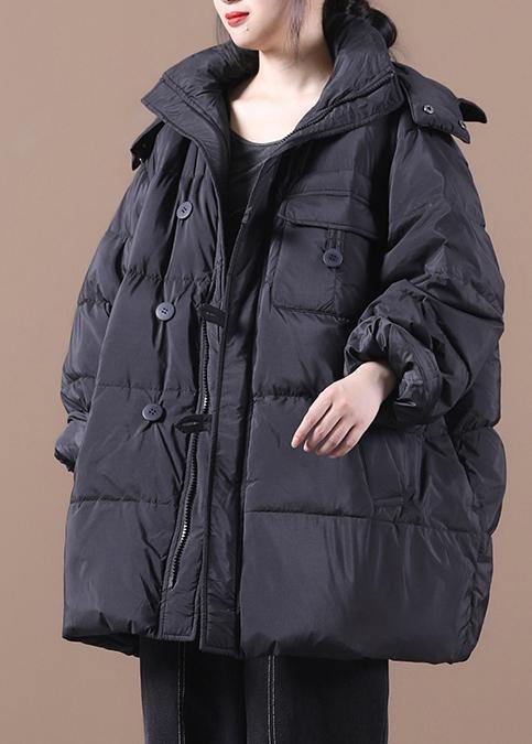 women black warm winter coat plus size down jacket hooded zippered Jackets - SooLinen