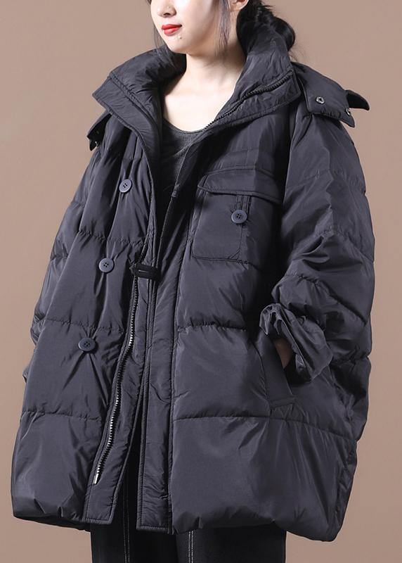 women black warm winter coat plus size down jacket hooded zippered Jackets - SooLinen