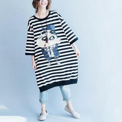 Frauen schwarz weiß gestreiften baumwolle kleider plus größe baumwolle kleidung kleid frauen seitlich geöffneten gestreiften kleidung kleid
