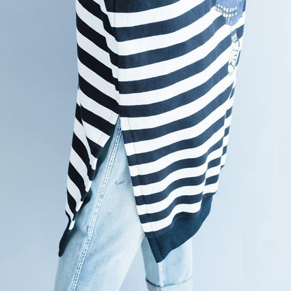 Frauen schwarz weiß gestreiften baumwolle kleider plus größe baumwolle kleidung kleid frauen seitlich geöffneten gestreiften kleidung kleid