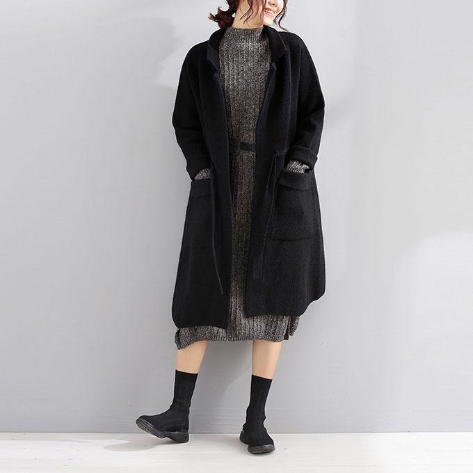 women black wool coat plus size trench coat fall Square Collar tie waist - SooLinen