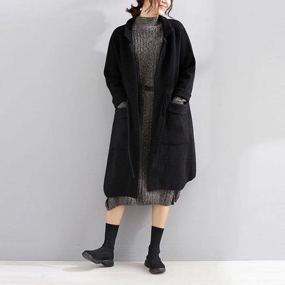 women black wool coat plus size trench coat fall Square Collar tie waist - SooLinen