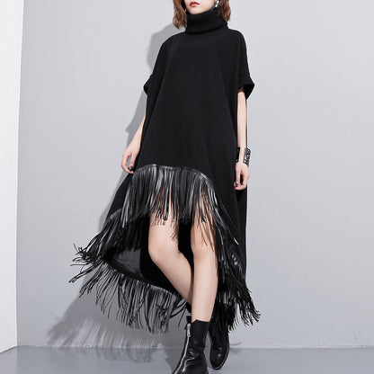 Schwarze Woll-Polyester-Kleider für Damen in Übergröße, niedriges und hohes Design, Maxikleider mit feiner Quaste