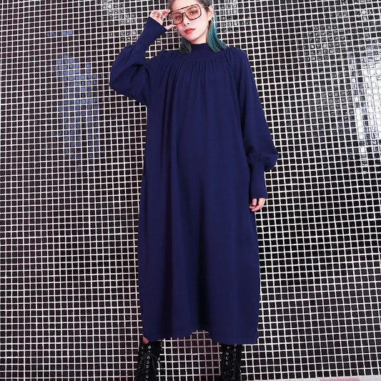 women blue fall casual stand collar traveling dress 2018 pockets baggy dresses