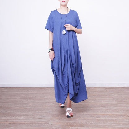 Blaues Leinen-Maxikleid für Damen, Oversize-Maxikleid aus Leinen mit O-Ausschnitt, 2018, asymmetrische Kaftane