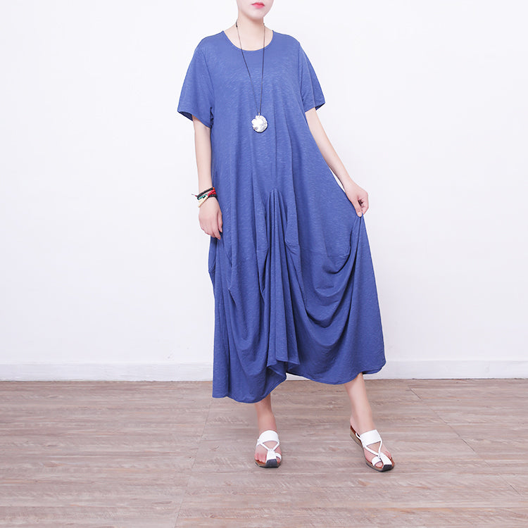 Blaues Leinen-Maxikleid für Damen, Oversize-Maxikleid aus Leinen mit O-Ausschnitt, 2018, asymmetrische Kaftane