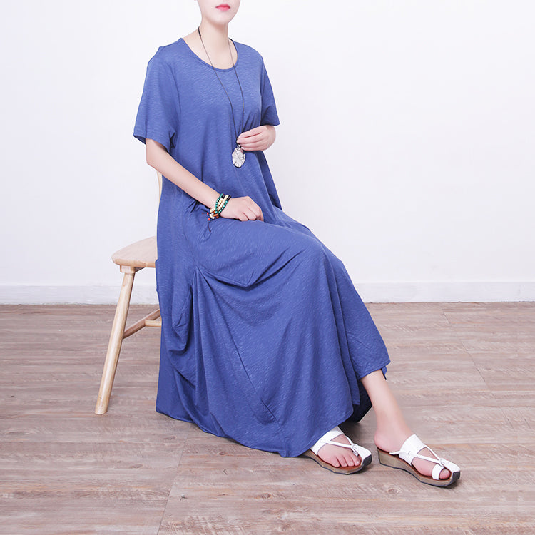 Blaues Leinen-Maxikleid für Damen, Oversize-Maxikleid aus Leinen mit O-Ausschnitt, 2018, asymmetrische Kaftane