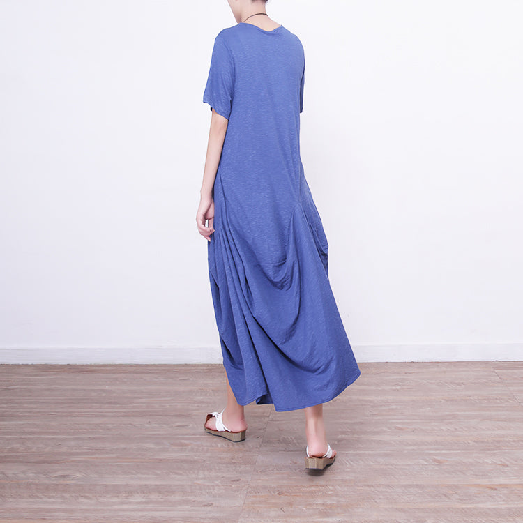 Blaues Leinen-Maxikleid für Damen, Oversize-Maxikleid aus Leinen mit O-Ausschnitt, 2018, asymmetrische Kaftane