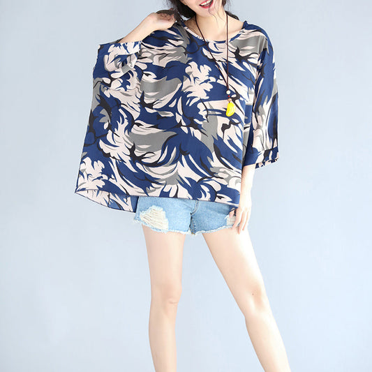 Damen Bluse aus reiner Baumwolle mit blauen Drucken, Oversize-Urlaubsoberteile, Boutique-Blusen aus Baumwolle mit Rundhalsausschnitt und halblangen Ärmeln