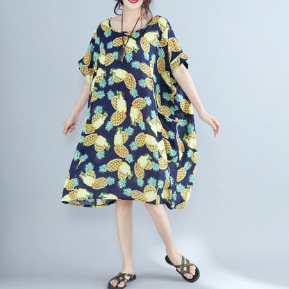 Frauen Blaupausen Reine Chiffon Kleider Übergroße Urlaub Kleider 2024 O Neck Große Taschen Chiffon Kleider