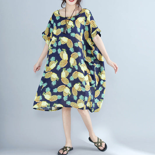 Frauen Blaupausen Reine Chiffon Kleider Übergroße Urlaub Kleider 2024 O Neck Große Taschen Chiffon Kleider