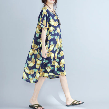 Frauen Blaupausen Reine Chiffon Kleider Übergroße Urlaub Kleider 2024 O Neck Große Taschen Chiffon Kleider