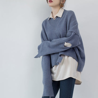 Blauer Pullover für Damen in Übergröße mit V-Ausschnitt, Strickblusen für Damen, asymmetrisches Design