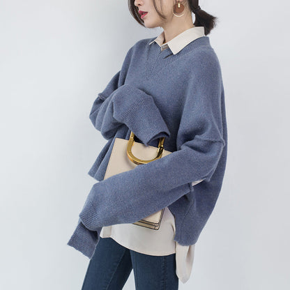 Blauer Pullover für Damen in Übergröße mit V-Ausschnitt, Strickblusen für Damen, asymmetrisches Design