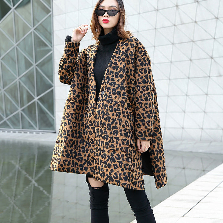Frauen braun Leopard mantel lässig v hals taschen Winter mantel Elegante seite offene mäntel