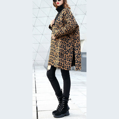 Frauen braun Leopard mantel lässig v hals taschen Winter mantel Elegante seite offene mäntel