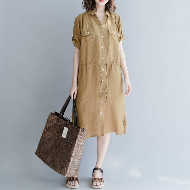 Damen braunes Leinenkleid Oversize Leinenkleid Boutique Kurzarmtaschen Turn-Down Kragen Leinenkleid