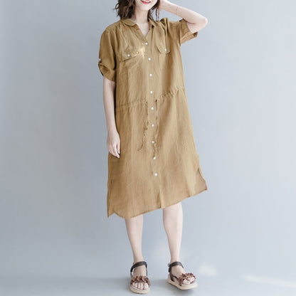 Damen braunes Leinenkleid Oversize Leinenkleid Boutique Kurzarmtaschen Turn-Down Kragen Leinenkleid