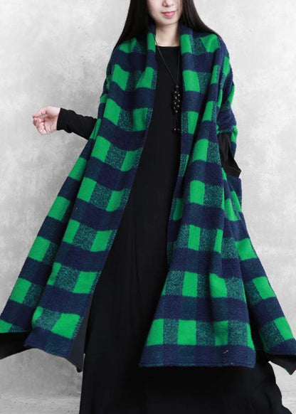 women casual Jackets & Coats green plaid Batwing Sleeve patchwork wool overcoat - SooLinen