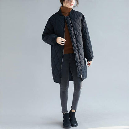 women casual down coats black stand collar zippered overcoat - SooLinen