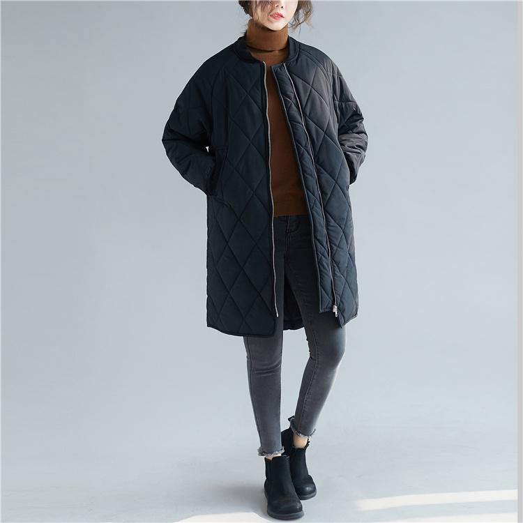 women casual down coats black stand collar zippered overcoat - SooLinen